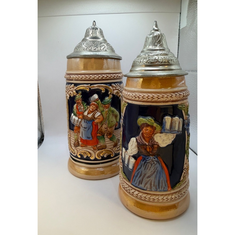 Vintage German Beer Stein Collectible Ceramic Pewter Lid Figure Scene Hand Paint